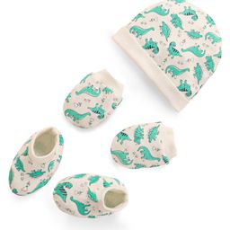 Doodle Poodle Interlock Cotton Knit Cap Mittens & Booties Set with Dino Print-White-image-12