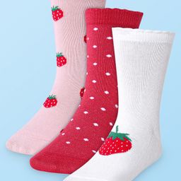 Cute Walk by Babyhug Cotton Lycra Knit Anti-bacterial Socks Polka Dots & Strawberry Design Pack of 3 - Pink White & Red-image-19