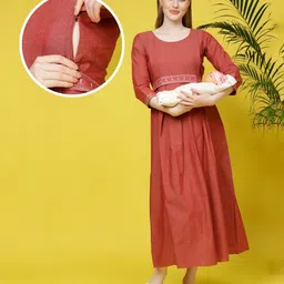 Dummy Shape Three Fourth Sleeves Maternity Flared Kurta With Nursing Access & Abstract Embroidered Attached Belt - Red-picture-3
