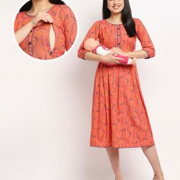 True Shape Three Fourth Sleeves Abstract Printed Maternity Kurta With Concealed Zipper Nursing Access - Peach-image-29