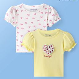 Babyoye Cotton Lycra Knit Half Sleeves Tops with Heart Print & Floral Applique Pack of 2 - Light Pink & Yellow-image-33