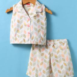 Tweetoons Woven Sleeveless Top & Shorts Set with Leaf Print & Bow Applique - White & Grey-image-51
