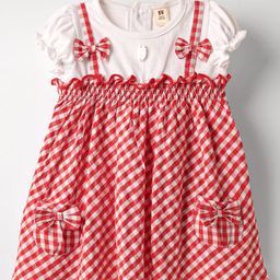 ToffyHouse Cotton Woven Half Sleeves Checks Frock With Bow Applique - Red & White-15
