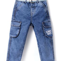 Babyhug Full Length Washed Denim Jeans with Fabric Belt - Blue-image-80
