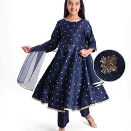 Pine Kids Woven Three Fourth Sleeves Kurta Chudidar Set with Embroidery & Lace Detailing - Navy Blue-image-0