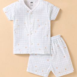 Pink Rabbit Single Jersey Knit Half Sleeves Front Open Co-ords Shorts Night Suit with Animal Print - White & Light Blue-image-6