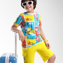 Ollington St. Cotton Half Sleeves Printed T-Shirt & Shorts Set -White & Yellow-image-75