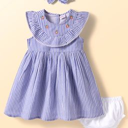 Babyhug Seer Sucker Woven Frill Sleeveless Striped Frock with Bloomer Headband & Star Embroidery - Blue-image-31