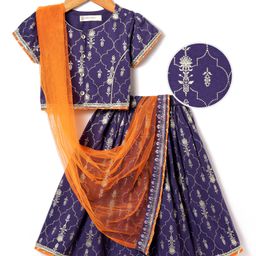 EARTHY TOUCH Single Jersey Knit Half Sleeves Choli Lehenga and Dupatta Set with Foil Printed Design & Lace Detailing - Purple-image-95