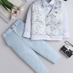 Fourfolds Full Sleeves Solid Shirt With Abstract Printed Waistcoat Trousers & Bow Set - Light Blue-image-28