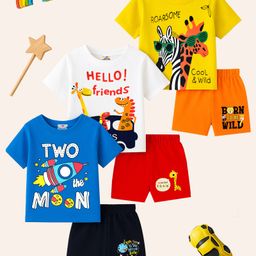 KUCHIPOO Cotton Blend Pack Of 3 Half Sleeves Baby Animals & Space Theme Printed Coordinating Tees & Shorts Set - Yellow White Blue Orange Red & Black-image-49