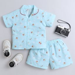 The Magic Wand Cotton Woven Half Sleeves Airplanes Printed Coordinating Night Suit Set - Blue-image-89