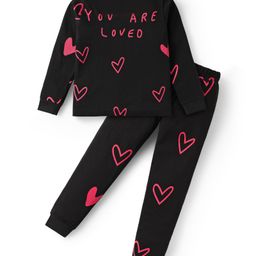 Unicorns Cotton Woven Full Sleeves Hearts Printed Coordinating Night Suit Set - Black & Red-image-88