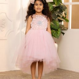 Toy Balloon Kids Net Sleeveless Floral Applique Detailed & Sequins Embellished Layered High Low Dress - Dusty Rose-image-86