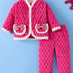 Mark & Mia Full Sleeves Front Open Co-Ord Winter Wear Night Suit with Bubble Quilting Design & Bow Applique - Fuchsia-picture-2