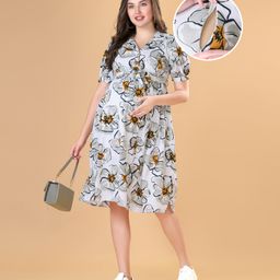 Bella Mama Woven Half Sleeves Shirt Maternity Dress With Floral Print - White & Grey-image-54