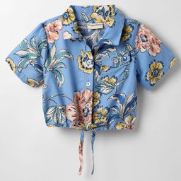 CrayonFlakes Rayon Woven Half Sleeves Floral Printed Shirt Style Crop Top - Blue-picture-11