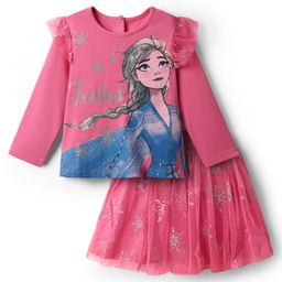 Babyhug Disney Single Jersey Knit Full Sleeves Top and Skirt with Disney Princess Graphic Mesh and Frills Detailing - Dark Pink-picture-18