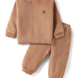 Little Kangaroos Fleece Knit Full Sleeves Winter Wear Solid Sweatshirt & Lounge Pant Co-Ord Set - Khaki-image-96