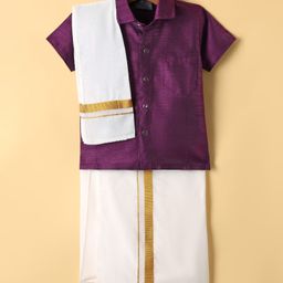Dapper Dudes Cotton Silk Woven Half Sleeves Solid Shirt With Placement Foil Striped Mundu & Angavastram Set -Wine-picture-21