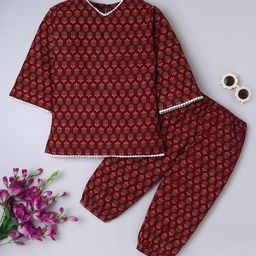BAATCHEET Cotton Woven Three Fourth Sleeves Floral Printed Lace Embellished Kurti With Coordinating Pant Set - Maroon-image-34