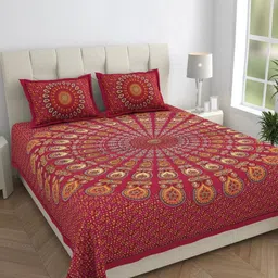 Monik Handicrafts Maroon & Yellow Printed 144 TC Cotton King Bedsheet Set 2.28 m x 2.62 m-14