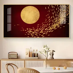 THE NEXT DECOR Golden Fishes With Red Background Glass Finish Horizontal Wall Art-3