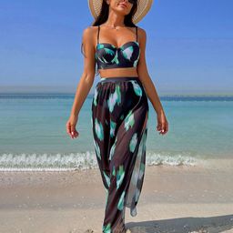 Plus Curvves Abstract Printed Shoulder Straps Swimwear Cover Up Set-59