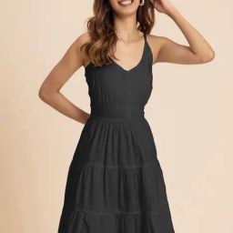 Moomaya Black Regular Fit A Line Dress-image-75