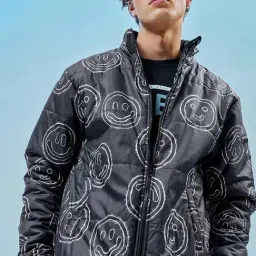 Bewakoof Men Black Nylon Relaxed Fit Print Casual Jacket-picture-12