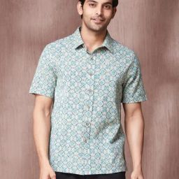 Fabindia Teal Blue Cotton Straight Fit Printed Shirt-image-66