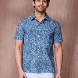 Fabindia Indigo Cotton Straight Fit Printed Shirt-image-73