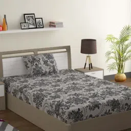 Swayam Sparkle Floral Black & White 120 TC Cotton Blend Single Bedsheet with 1 Pillow Cover-image-93