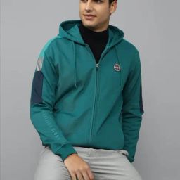 Louis Philippe Sport Blue Cotton Regular Fit Colour Block Hooded Sweatshirt-image-48