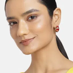 Estele Gold-Plated Red Enamel Ribbed Hoop Earrings for Women-image-96
