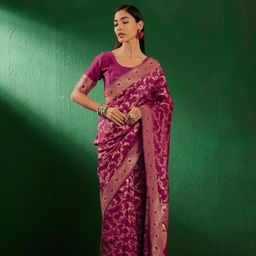 DEVATITHI Woven Design Zari Burgundy Banarasi Silk Saree-image-60