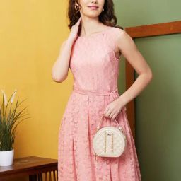 Globus Peach Self Pattern A-Line Dress-image-12