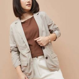 Code By Lifestyle Beige Cotton Regular Fit Striped Blazer-image-6