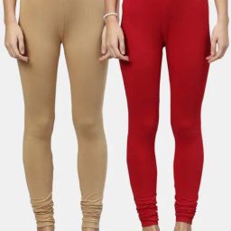 Kryptic Beige & Red Cotton Regular Fit Leggings (Pack Of 2)-image-95