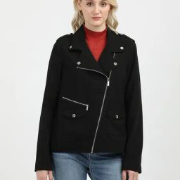 CALVIN KLEIN JEANS Black Regular Fit Polyester Notch Collar Biker Jacket-image-16