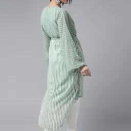 Juniper Sage Green Stripes Printed Georgette High-Low Tunic & Inner With Drawstring At Waist image 2
