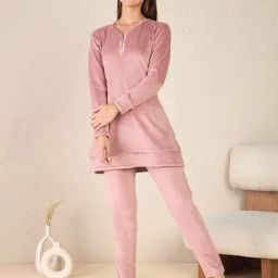 Sweet Dreams Pink Fleece Solid Full Sleeves Top and Pyjama-image-81