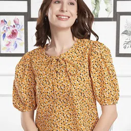 Selvia Animal Print Tie-Up Neck Puff Sleeve Cotton Top-picture-27