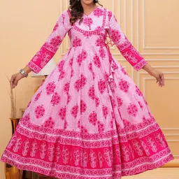 Mizaz Floral Printed Angrakha Pure Cotton Anarkali Kurta with Trousers & With Dupatta-46