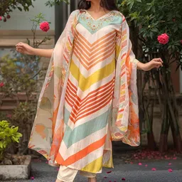 Aaghnya Women Printed Regular Thread Work Kurta with Trousers & Dupatta image 3