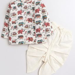 Polka Tots Full Sleeve All Over Elephant Printed Kurta With Dhoti - Cream-image-40