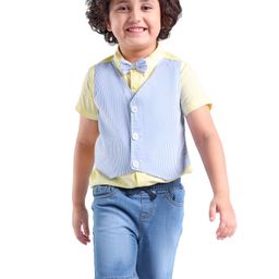 Babyhug Cotton Blend Woven Half Sleeves Striped Shirt with Attached Waistcoat and Denim Shorts Set - Multicolor & Blue-image-56