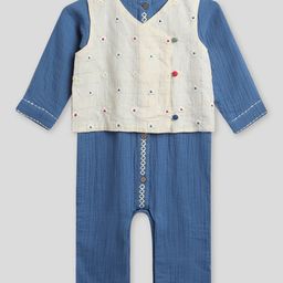 Somersault Full Sleeves Self Designed Ethnic Romper With Graph Checked & Embroidered Jacket - Blue & Off White-image-49