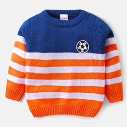 Babyhug Knit Full Sleeves Pullover Sweater Stripes Design & Ball Patch  -Orange & Blue-image-13