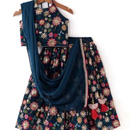 BabyhugSleeveless Floral Embroidered Choli With Lehenga & Net Dupatta Set - Teal-image-83